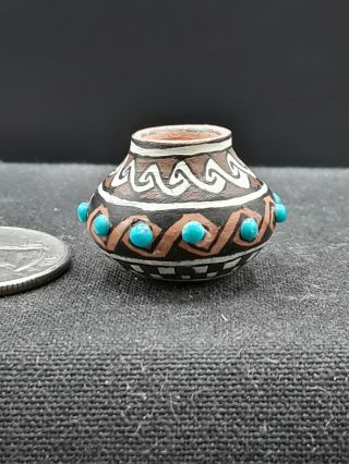 Vintage Native American Miniature Hand Painted Signed Pot With Turquoise Beads