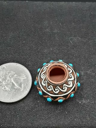 Vintage Native American Miniature Hand Painted Signed Pot with Turquoise Beads 2