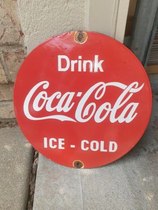 C.  1950s Vintage Drink Coca Cola Sign Ice Cold Cooler Gas Station Soda Porcelain