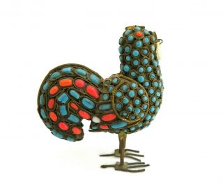 Vintage Old Chinese Tibet Brass Turquoise & Coral Glass Rooster Figurine