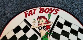 FAT BOYS SPEED SHOP W/ LADY LUCK PIN UP MODEL METAL VINTAGE STYLE GAS OIL SIGN 2