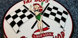 FAT BOYS SPEED SHOP W/ LADY LUCK PIN UP MODEL METAL VINTAGE STYLE GAS OIL SIGN 3