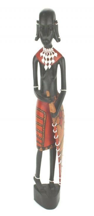 Tribal African Folk Art Wood Figure Statue Woman Beaded Red Hand Carved (625)