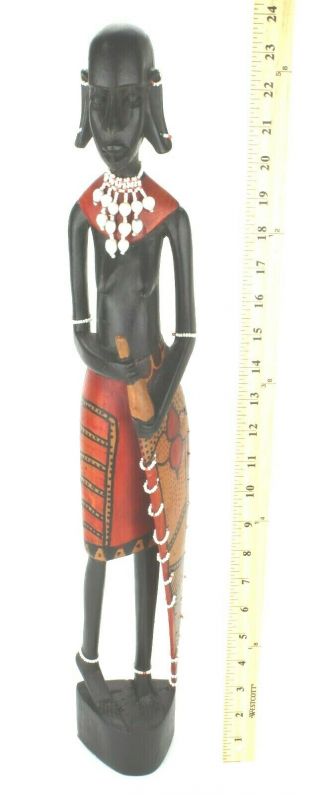 Tribal African Folk Art Wood Figure Statue Woman Beaded Red Hand Carved (625) 2
