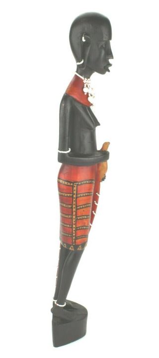 Tribal African Folk Art Wood Figure Statue Woman Beaded Red Hand Carved (625) 3