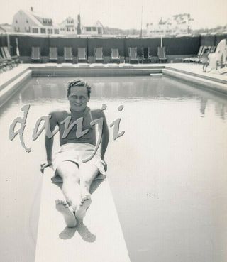 Studly Swimsuit Man Sitting On Diving Board With Feet In Camera Old Photo