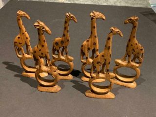 Vintage Hand Carved Wood African Giraffe Set Of 6 Napkin Holders Rings