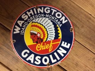 Vintage Washington Chief Gasoline Porcelain Gas And Oil Pump Plate