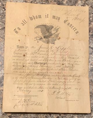 1864 Civil War Discharge Certificate Pennsylvania 107th James C Ripple Mccoy