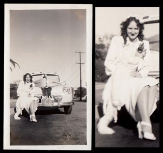 Gorgeous Leggy Woman Sits On " Dolly " 1941 Ford Car 1941 Vintage Photo