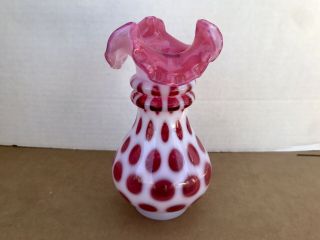 Vintage Fenton Cranberry Opalescent Coin Dot Ruffled Top Vase Pink Glass