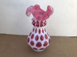Vintage Fenton Cranberry Opalescent Coin Dot Ruffled Top Vase Pink Glass 2