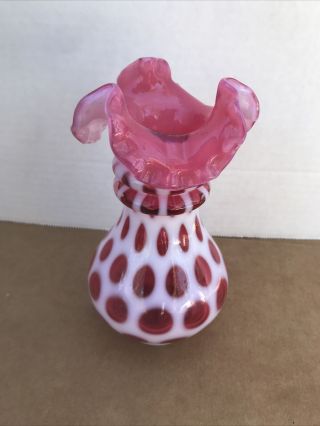 Vintage Fenton Cranberry Opalescent Coin Dot Ruffled Top Vase Pink Glass 3