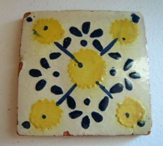 4 " Art Tile Vintage Mexican Clay Pottery Blue & Yellow Flower Design