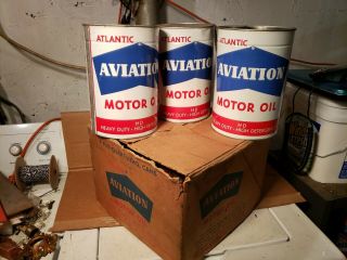 3 Cans,  Box Vintage Atlantic Aviation 5 Quart Motor Oil Display Sign