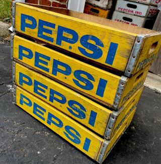 4 Vintage 1970’s Yellow Pepsi Cola Wood Soda Pop Crate Great Shape