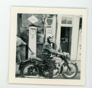 Man On Motorcycle By Bp Gas Pump.  Petroliana Vintage Snapshot Photo