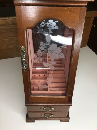 Tall Old Jewelry Box Display Two Drawer Etched Glass Wood Vintage Rare Display 2