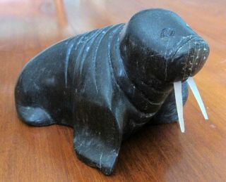Walrus Vintage Inuit Eskimo Black Stone Carving Sculpture - Signed?