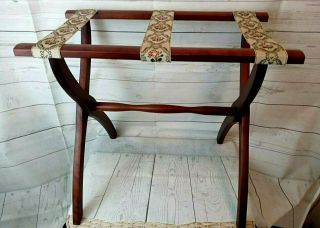 Scheibe Vintage Wood Folding Luggage Stand Rack Needle Point Straps
