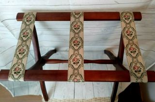 Scheibe Vintage Wood Folding Luggage Stand Rack Needle Point Straps 2