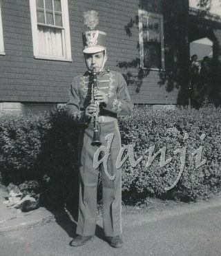 Pre - Teen Boy In Fancy Band Uniform Outside Playing A Clarinet Old Music Photo