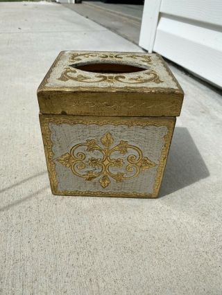 Vintage Italian Florentine Hinged Wood Gold And Cream Distressed Tissue Box