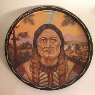 Vtg Metal Plate Indian Chief Onamia Minn.  Mille Lacs Indian Trading Post 11 " Fthr