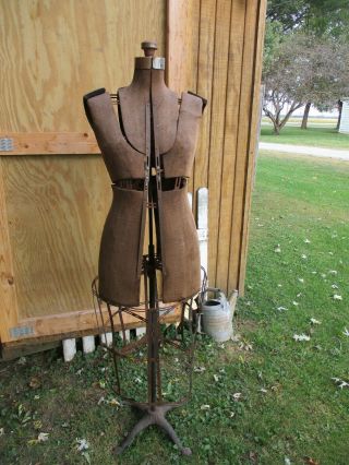 Antique Dress Form Mannequin Adjustable W/ Wire Skirt Cast Iron Base Halloween