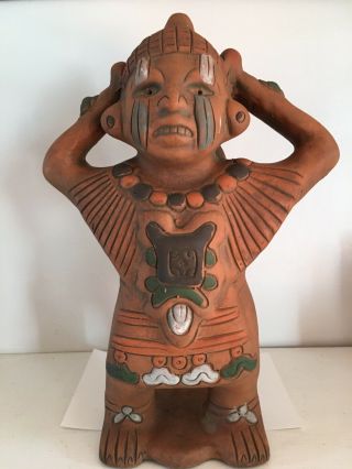 Vintage Mayan Aztec Mexican Pottery Red Clay Figure Planter 13”