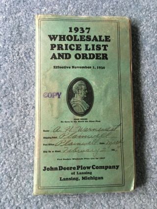1937 John Deere Price List With Tractors,  Toys,  Also Contract