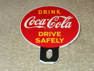 Vintage " Drink Coca Cola " 5 " Porcelain Metal Soda Pop License Plate Topper Sign