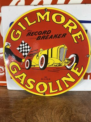 193 Vintage  Gilmore Gasoline  Gas & Oil Pump Plate 12 Inch Porcelain Sign