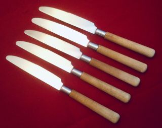 5 Vintage Mid Century Wooden Handle Dinner Knives Stainless Flatware Japan