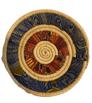 Unique African Coil Woven Basket W/ Fabric 7” Uganda Bwindi