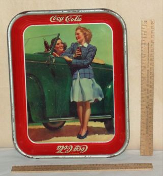1942 Drink Coca - Cola Metal Tray - Two Girls At Car - Marked Vintage Tray