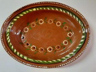 Vintage Mexican Redware Pottery Hand Painted Serving Bowl - 11 1/4 " X 8 1/4 "