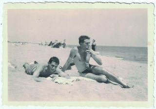 1940s Two Shirtless Men In Trunks On Beach,  One In Bikini Vint.  Photo