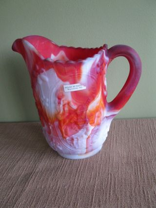 Vintage Red Orange Slag Pitcher Windmill Creamer Swirl Glass White Flower 3 - D