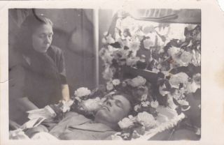 1950s Post Mortem Dead Man Coffin Funeral Corpse W/ Mother Old Russian Photo
