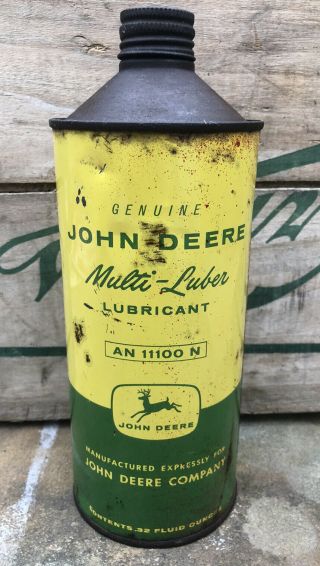 Vtg John Deere Multi - Luber 1 Quart Oil Can Cone Top Green Yellow An 11100 N Rare