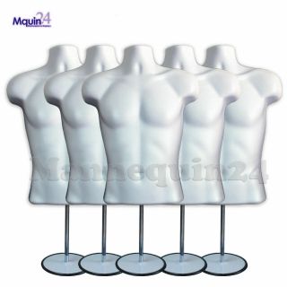 5 Pack Male Mannequin Torso Body Form White,  5 Stands & 5 Hangers