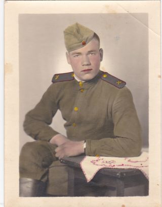 1946 Handsome Young Man Soldier In Germany Old Hand Tinted Russian Photo Gay