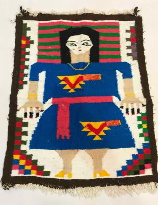 Vintage Mexican Aztec Woman Hand Woven Wall Hanging Wool Rug Tapestry 18 " X 22 "