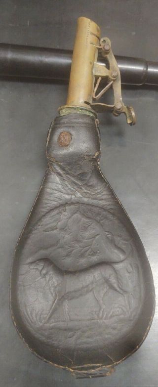 Civil War Era Leather Lead Shot Flask Pointer Dog Themed Black Powder Repair