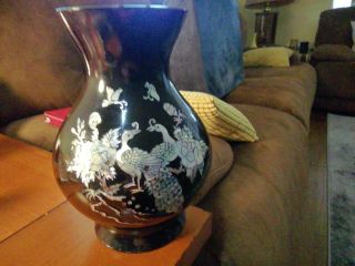 Oriental Black Lacquer Mother Of Pearl Inlay Vase With Peacock And Flowers