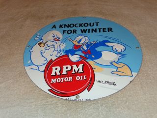 Vintage 1940 " Rpm Oil,  Donald Duck " 11 3/4 " Porcelain Metal Walt Disney Gas Sign