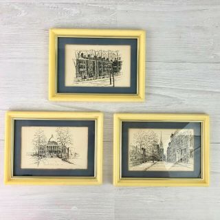 Three 8 X 6 Vintage Pen And Ink Art Print By C.  M.  Goff,  Louisburg Square,