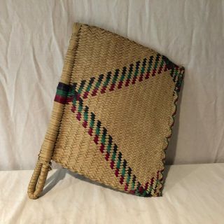 Vintage African Handmade Woven Grass Straw Hand Fan Double Multi Colored Streak