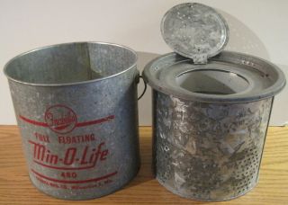 Vintage Metal Minnow Bait Bucket Full Floating Min - O - Life 480 Frabill 2 Piece